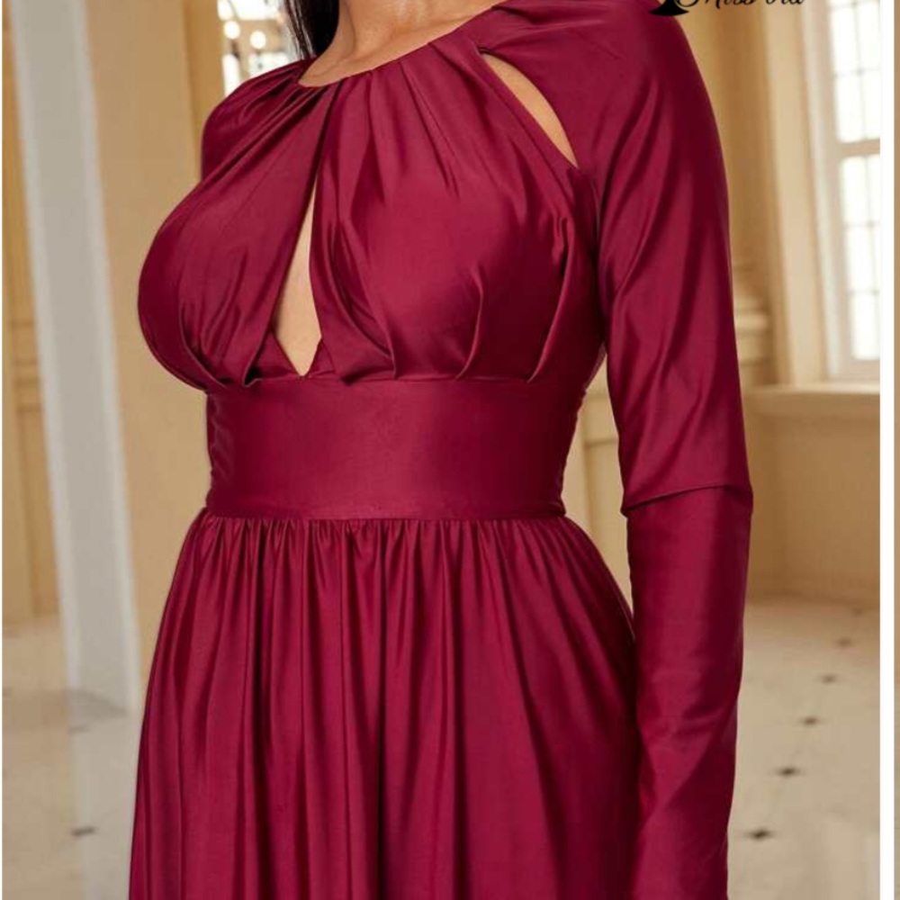 Burgundy Pleated Cutout Long Sleeve Elegant Maxi Dress